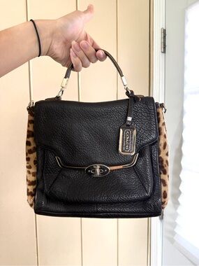Coach Madison Turnlock Black Leather Top-Handle Sadie Flap with Leopard Accent